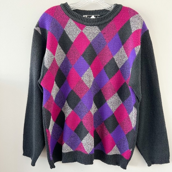 Vintage 90s Blast Black Purple Argyle Print Pullover Sweater Size Large - Picture 1 of 3